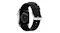A rear view of a smartwatch showing back optical sensor, leather band, and a metal buckle A rear view of a smartwatch showing back optical sensor, leather band, and a metal buckle
