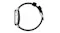 A side view profile of a smartwatch with a leather strap, side button dial, and a buckle A side view profile of a smartwatch with a leather strap, side button dial, and a buckle