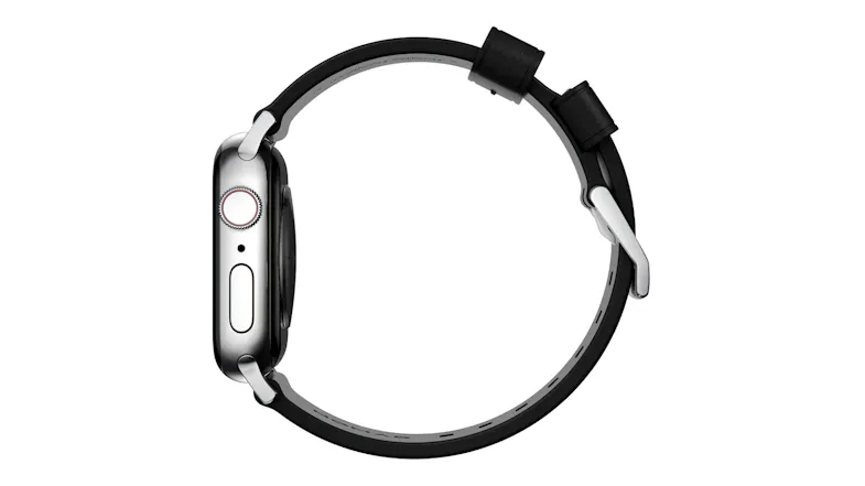 A side view profile of a smartwatch with a leather strap, side button dial, and a buckle A side view profile of a smartwatch with a leather strap, side button dial, and a buckle