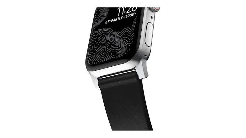 A close-up angle of a smartwatch case lug and a leather strap, showing topographic digital display details A close-up angle of a smartwatch case lug and a leather strap, showing topographic digital display details