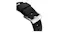 Close-up view of a black Nomad watch strap buckle with engraved branding and custom dark metal hardware Close-up view of a black Nomad watch strap buckle with engraved branding and custom dark metal hardware