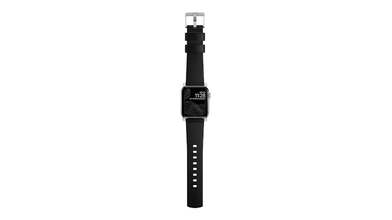 A bottom-up view of a black Apple Watch showing the sensor array and the black leather strap with a buckle A bottom-up view of a black Apple Watch showing the sensor array and the black leather strap with a buckle