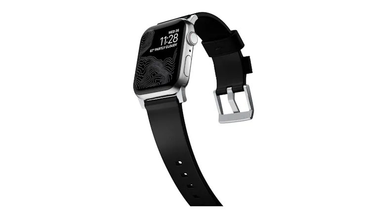 Angled view of a silver Apple Watch featuring a black leather strap and silver pin buckle Angled view of a silver Apple Watch featuring a black leather strap and silver pin buckle
