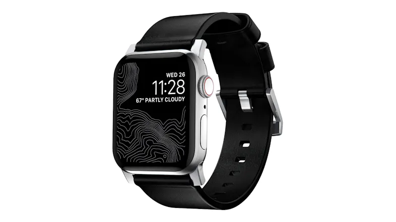 Side angle view of a silver Apple Watch with a black leather band and silver lugs Side angle view of a silver Apple Watch with a black leather band and silver lugs