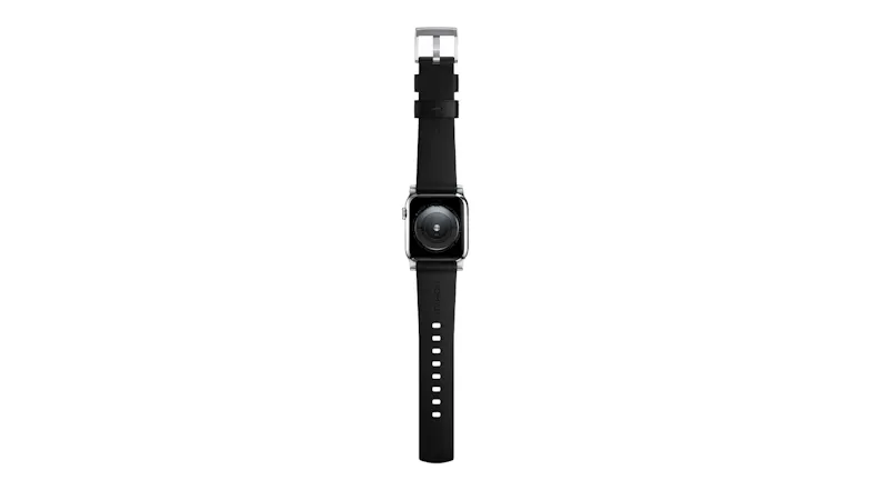 Back view of a silver Apple Watch showing the heart rate sensor, black leather strap, and silver buckle Back view of a silver Apple Watch showing the heart rate sensor, black leather strap, and silver buckle