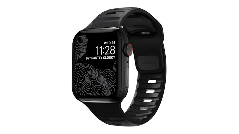 Black Nomad sport watch band for Apple Watch with a perforated design, displaying time, date, and weather on a dark patterned watch face Black Nomad sport watch band for Apple Watch with a perforated design, displaying time, date, and weather on a dark patterned watch face