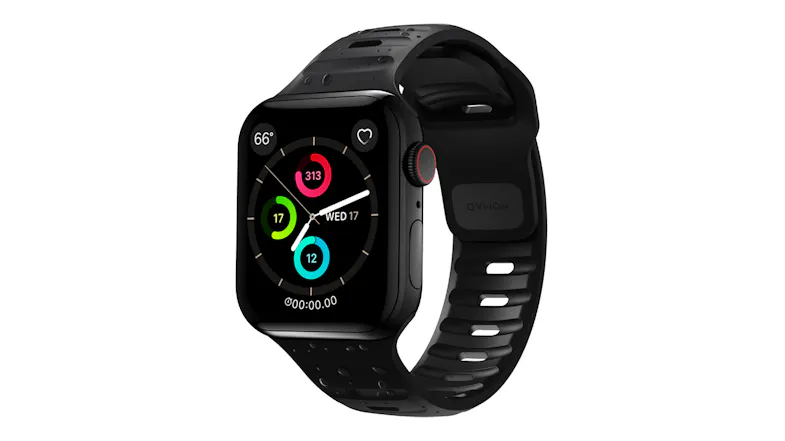 Black smartwatch with a perforated sport band displaying an analog fitness watch face with activity metrics Black smartwatch with a perforated sport band displaying an analog fitness watch face with activity metrics