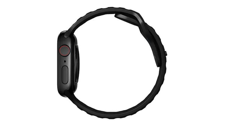 Side profile of a black smartwatch with a sport band, showing the digital crown, side button, and slim case design Side profile of a black smartwatch with a sport band, showing the digital crown, side button, and slim case design