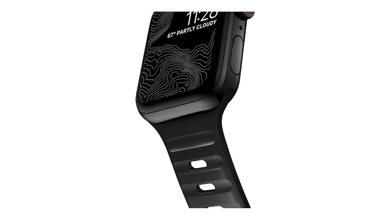 Close-up of a black Nomad smartwatch and perforated sport band with a weather-themed watch face display Close-up of a black Nomad smartwatch and perforated sport band with a weather-themed watch face display