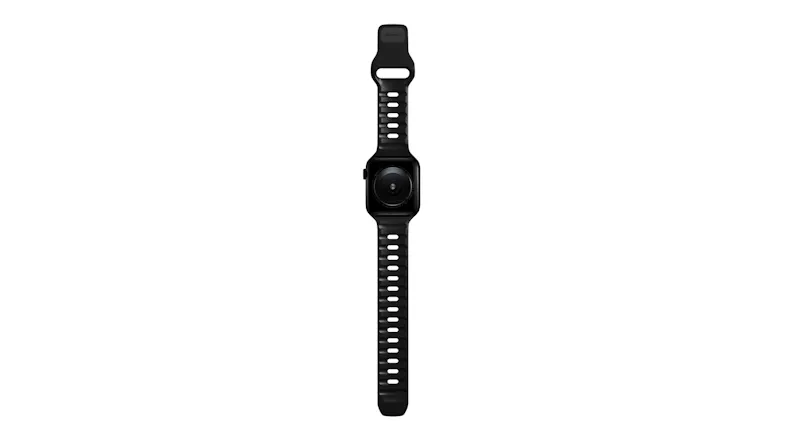 Rear view of a black smartwatch with a perforated sport band, showing the optical heart-rate sensor and case back Rear view of a black smartwatch with a perforated sport band, showing the optical heart-rate sensor and case back
