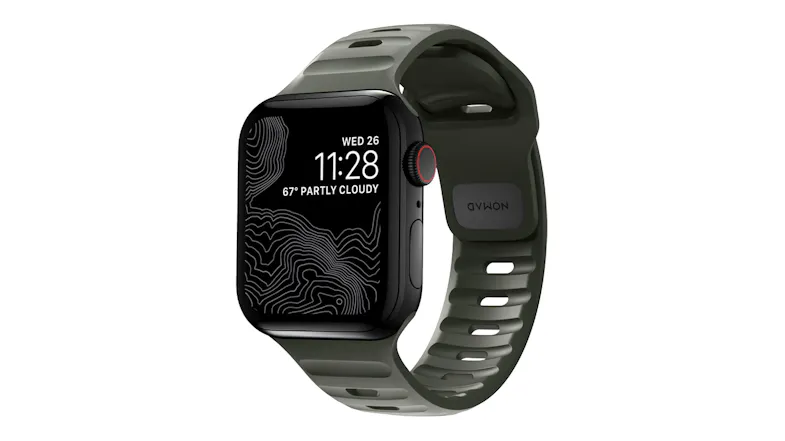 Front view of a black Nomad Sport Band for Apple Watch with an ash green perforated sport band and weather display on screen Front view of a black Nomad Sport Band for Apple Watch with an ash green perforated sport band and weather display on screen