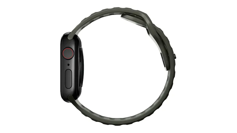 Side profile of a black Nomad smartwatch with an ash green textured sport band and visible digital crown Side profile of a black Nomad smartwatch with an ash green textured sport band and visible digital crown