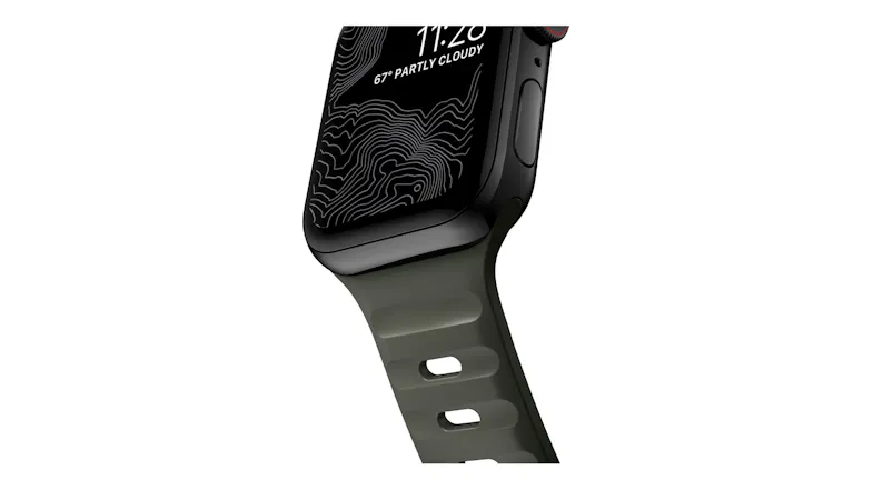 Close-up of a black smartwatch case with an ash green sport band and weather-themed watch face Close-up of a black smartwatch case with an ash green sport band and weather-themed watch face
