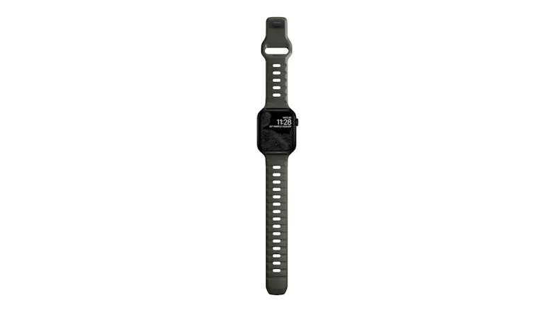 Full front view of a black smartwatch with an ash green perforated sport band Full front view of a black smartwatch with an ash green perforated sport band