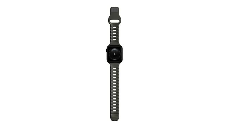 Full rear view of a black Nomad smartwatch with an ash green perforated sport band and heart rate sensor Full rear view of a black Nomad smartwatch with an ash green perforated sport band and heart rate sensor