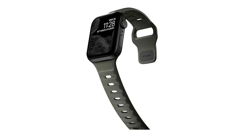 Angled view of a black smartwatch with an ash green sport band and weather-themed display Angled view of a black smartwatch with an ash green sport band and weather-themed display