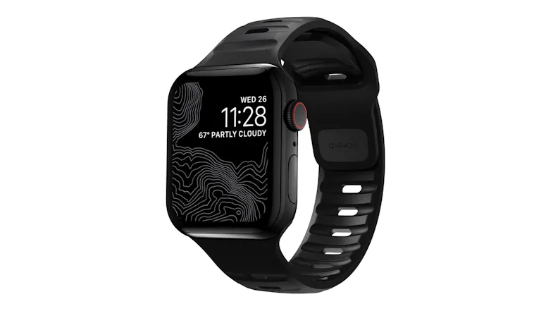 Angled front view of a black Apple Watch with a Nomad Sport Band, displaying the time, date, and weather on the screen Angled front view of a black Apple Watch with a Nomad Sport Band, displaying the time, date, and weather on the screen