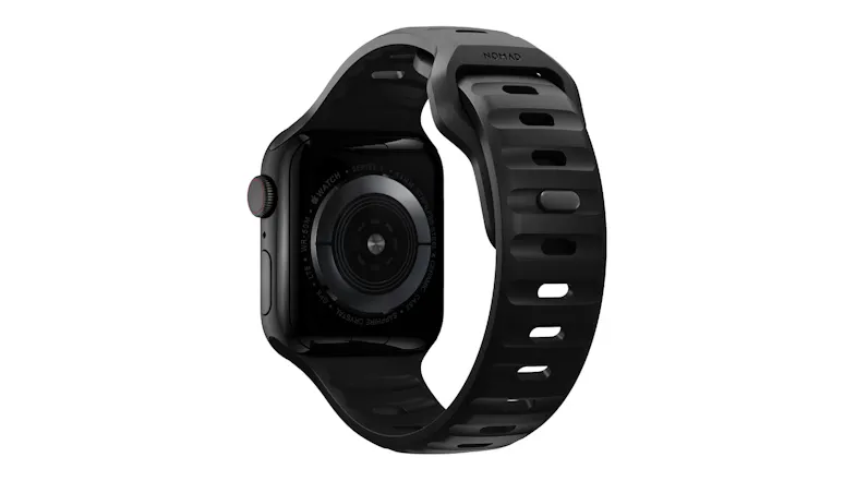 Rear view of a black Apple Watch with a perforated sport band, highlighting the heart rate sensor and band design Rear view of a black Apple Watch with a perforated sport band, highlighting the heart rate sensor and band design
