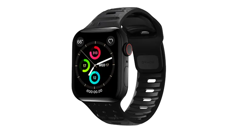 Front view of a black Apple Watch with a perforated sport band, displaying colourful fitness activity rings and a watch face Front view of a black Apple Watch with a perforated sport band, displaying colourful fitness activity rings and a watch face