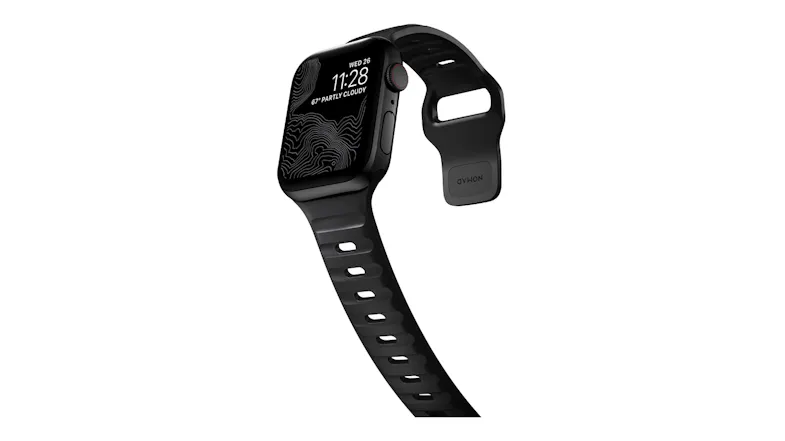 Angled view of a black Apple Watch with a perforated sport band and weather watch face displayed on the screen Angled view of a black Apple Watch with a perforated sport band and weather watch face displayed on the screen