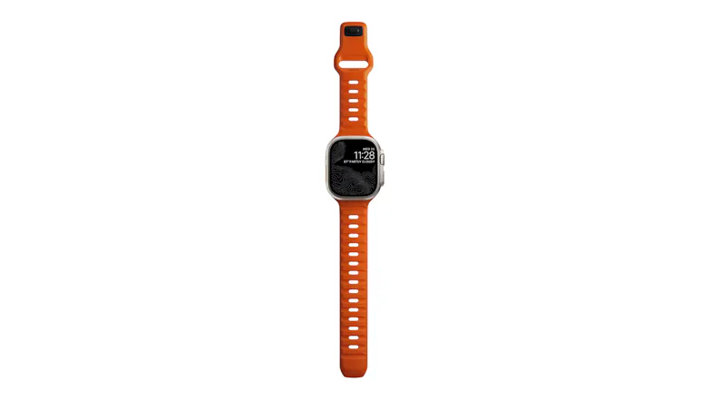 Front view of an orange smartwatch with an extended perforated sport band and weather watch face Front view of an orange smartwatch with an extended perforated sport band and weather watch face