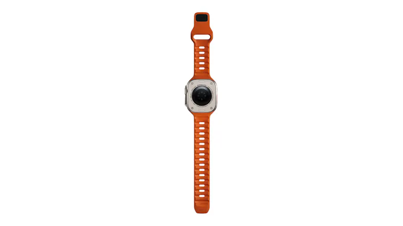 Back view of an orange smartwatch with a titanium case, health sensors, and a perforated sport band Back view of an orange smartwatch with a titanium case, health sensors, and a perforated sport band