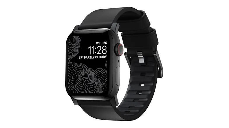 Nomad Active Band Pro with a brown strap, featuring a dark digital display with topographic design Nomad Active Band Pro with a brown strap, featuring a dark digital display with topographic design