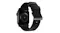 Rear view of silver smart watch with a strap, circular central sensor glass, and silver buckle Rear view of silver smart watch with a strap, circular central sensor glass, and silver buckle