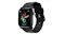 A silver smartwatch featuring a fitness rings face with activity metrics, water droplets on black strap A silver smartwatch featuring a fitness rings face with activity metrics, water droplets on black strap