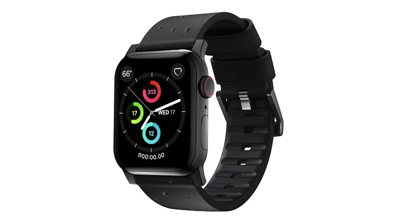 A silver smartwatch featuring a fitness rings face with activity metrics, water droplets on black strap A silver smartwatch featuring a fitness rings face with activity metrics, water droplets on black strap