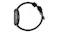 Side view of a silver smart watch with a strap forming a circle, showing the side controls and a brushed silver buckle Side view of a silver smart watch with a strap forming a circle, showing the side controls and a brushed silver buckle