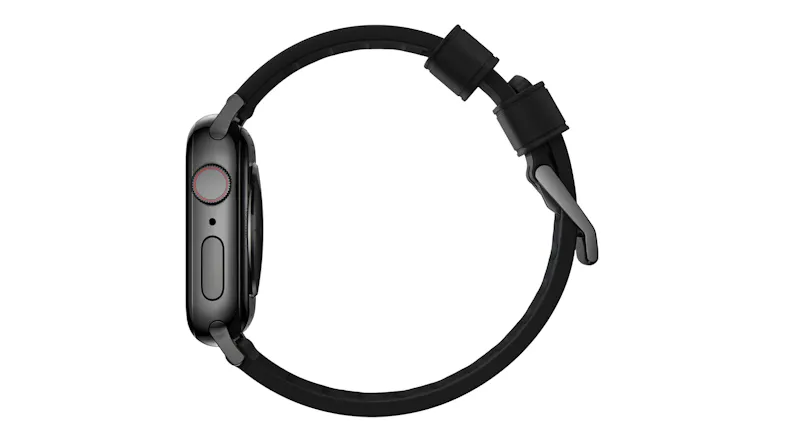 Side view of a silver smart watch with a strap forming a circle, showing the side controls and a brushed silver buckle Side view of a silver smart watch with a strap forming a circle, showing the side controls and a brushed silver buckle