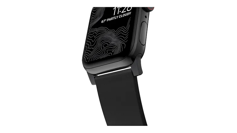 Close-up of a silver smartwatch lug and strap, displaying a topographic watch face with time of 11:28 and weather info Close-up of a silver smartwatch lug and strap, displaying a topographic watch face with time of 11:28 and weather info