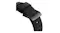 A detailed close-up of a black watch strap with a brushed silver metal buckle A detailed close-up of a black watch strap with a brushed silver metal buckle