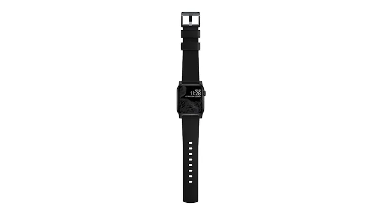 Vertical front view of a fully laid out smartwatch strap with silver case, top buckle, and topographic digital display Vertical front view of a fully laid out smartwatch strap with silver case, top buckle, and topographic digital display