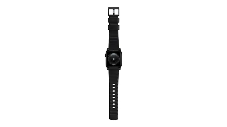 A back view of an unrolled black smartwatch strap showing central heart rate sensors and a ribbed inner strap pattern A back view of an unrolled black smartwatch strap showing central heart rate sensors and a ribbed inner strap pattern