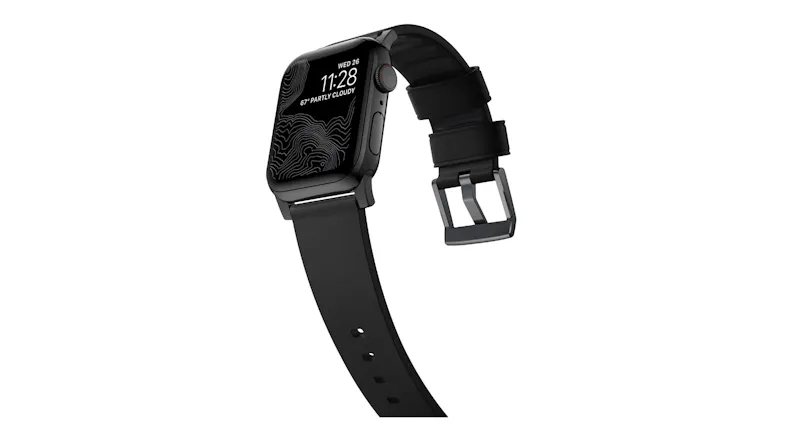 Angled view of a silver smartwatch with flexible strap curving backward, showing topographic display and silver buckle Angled view of a silver smartwatch with flexible strap curving backward, showing topographic display and silver buckle
