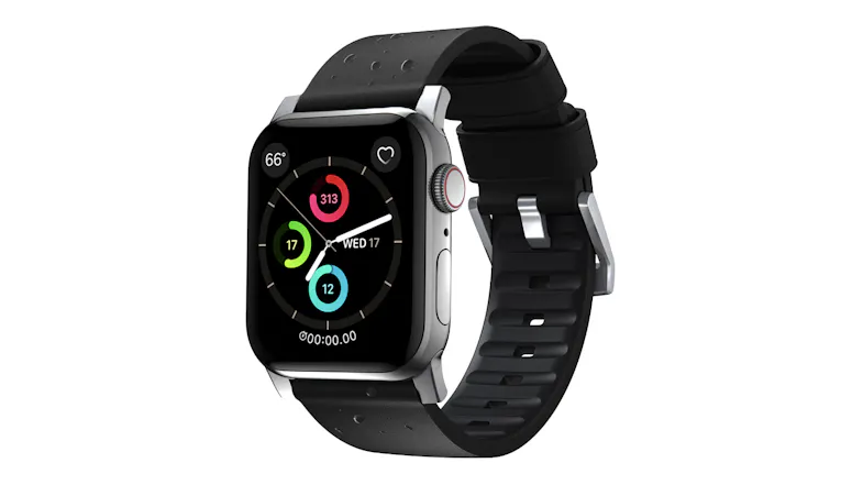A silver smartwatch featuring a fitness rings face with activity metrics, water droplets on black strap A silver smartwatch featuring a fitness rings face with activity metrics, water droplets on black strap