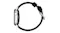 Side view of a silver smart watch with a strap forming a circle, showing the side controls and a brushed silver buckle Side view of a silver smart watch with a strap forming a circle, showing the side controls and a brushed silver buckle