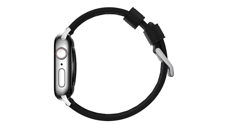 Side view of a silver smart watch with a strap forming a circle, showing the side controls and a brushed silver buckle Side view of a silver smart watch with a strap forming a circle, showing the side controls and a brushed silver buckle