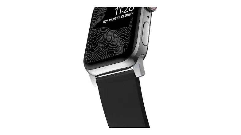 Close-up of a silver smartwatch lug and strap, displaying a topographic watch face with time of 11:28 and weather info Close-up of a silver smartwatch lug and strap, displaying a topographic watch face with time of 11:28 and weather info