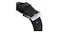 A detailed close-up of a black watch strap with a brushed silver metal buckle A detailed close-up of a black watch strap with a brushed silver metal buckle