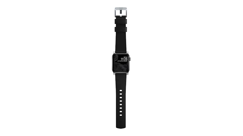 Vertical front view of a fully laid out smartwatch strap with silver case, top buckle, and topographic digital display Vertical front view of a fully laid out smartwatch strap with silver case, top buckle, and topographic digital display