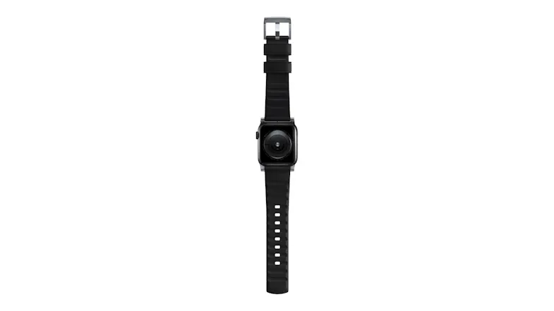A back view of an unrolled black smartwatch strap showing central heart rate sensors and a ribbed inner strap pattern A back view of an unrolled black smartwatch strap showing central heart rate sensors and a ribbed inner strap pattern