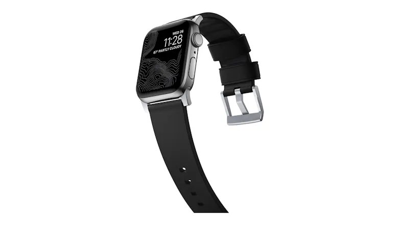 Angled view of a silver smartwatch with flexible strap curving backward, showing topographic display and silver buckle Angled view of a silver smartwatch with flexible strap curving backward, showing topographic display and silver buckle
