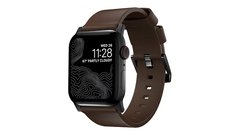 A left angled view of the Nomad Modern Band for Apple Watches in brown and black finish A left angled view of the Nomad Modern Band for Apple Watches in brown and black finish