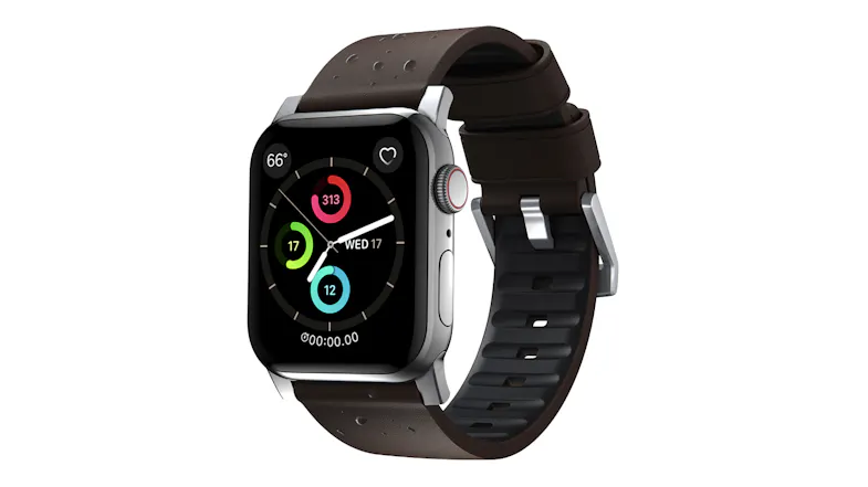 A silver smartwatch featuring a fitness rings face with activity metrics, water droplets on brown strap A silver smartwatch featuring a fitness rings face with activity metrics, water droplets on brown strap