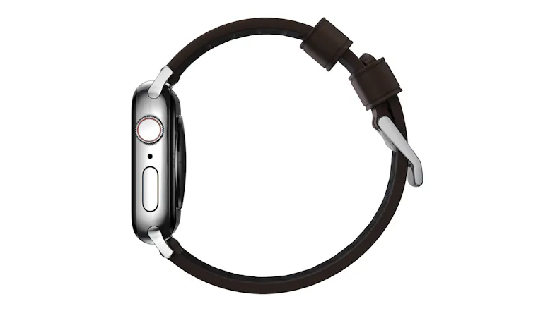 Side view of a silver smart watch with a strap forming a circle, showing the side controls and a brushed silver buckle Side view of a silver smart watch with a strap forming a circle, showing the side controls and a brushed silver buckle