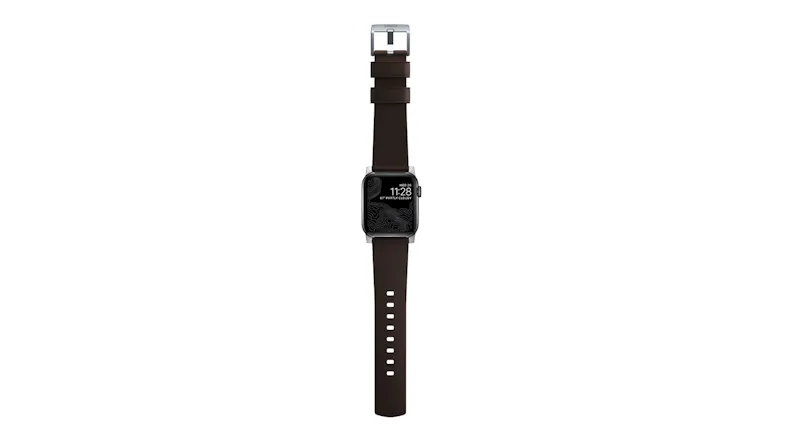 Vertical front view of a fully laid out smartwatch strap with silver case, top buckle, and topographic digital display Vertical front view of a fully laid out smartwatch strap with silver case, top buckle, and topographic digital display