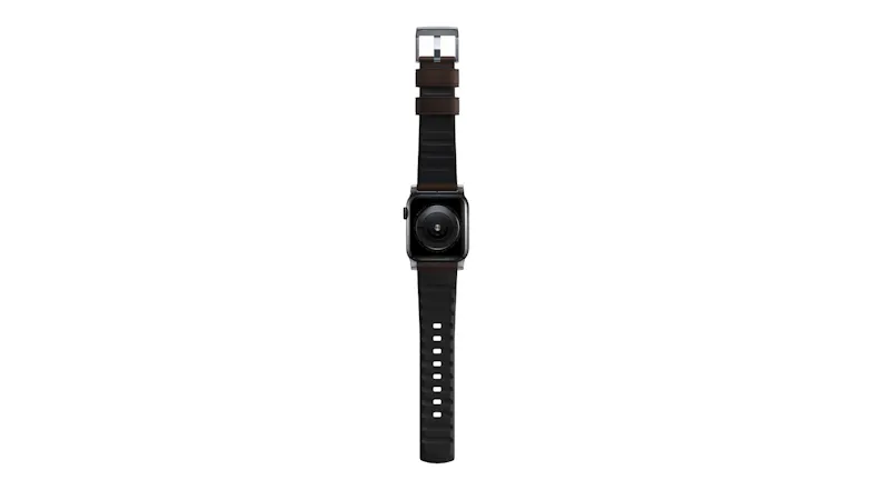 A back view of an unrolled black smartwatch strap showing central heart rate sensors and a ribbed inner strap pattern A back view of an unrolled black smartwatch strap showing central heart rate sensors and a ribbed inner strap pattern